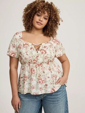 Torrid Soft Vintage Roses Babydoll Lace-Up Top NEW Size 1X